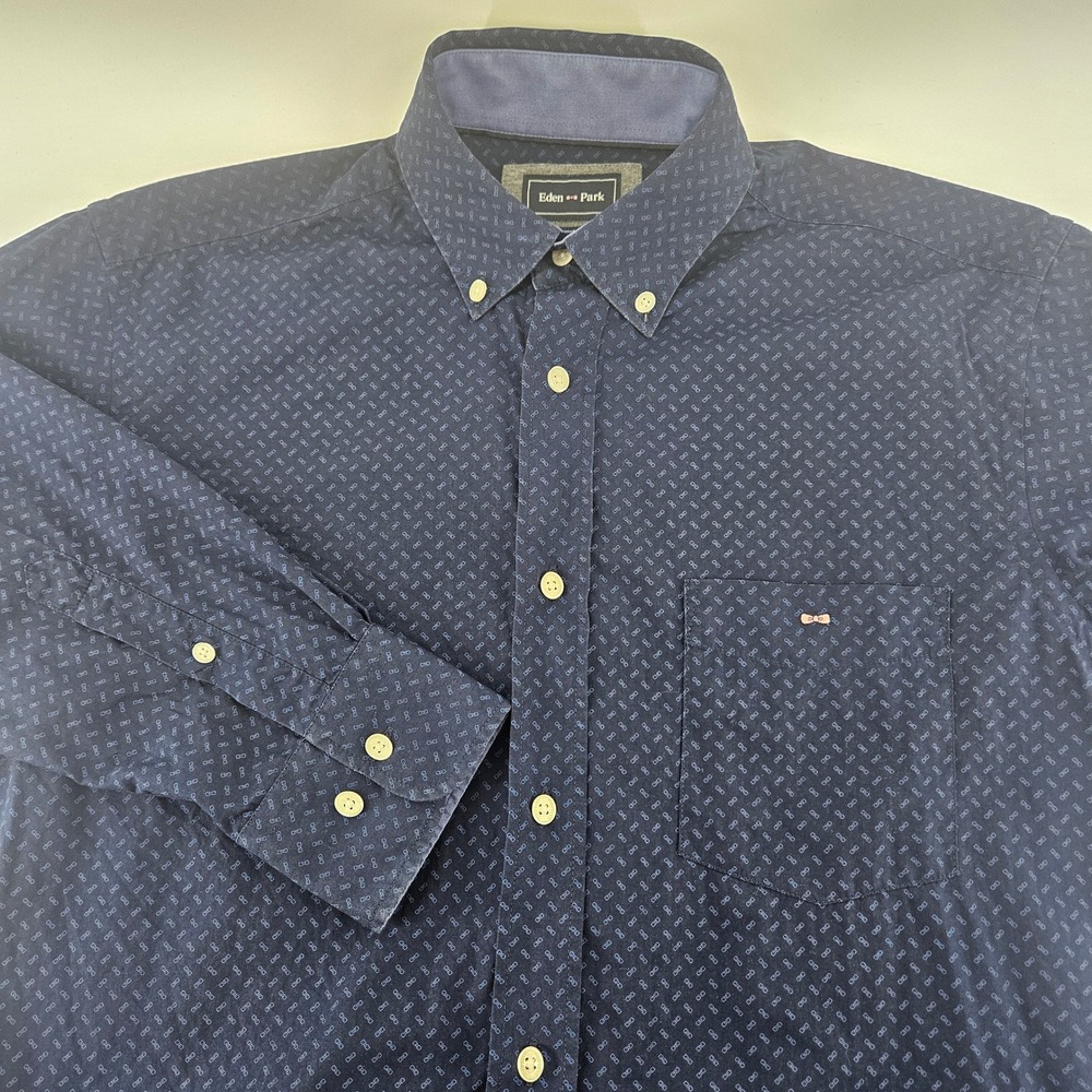Eden Park Mens Regular Fit Navy Blue Geometric Bow Tie Print Cotton Shirt Size M